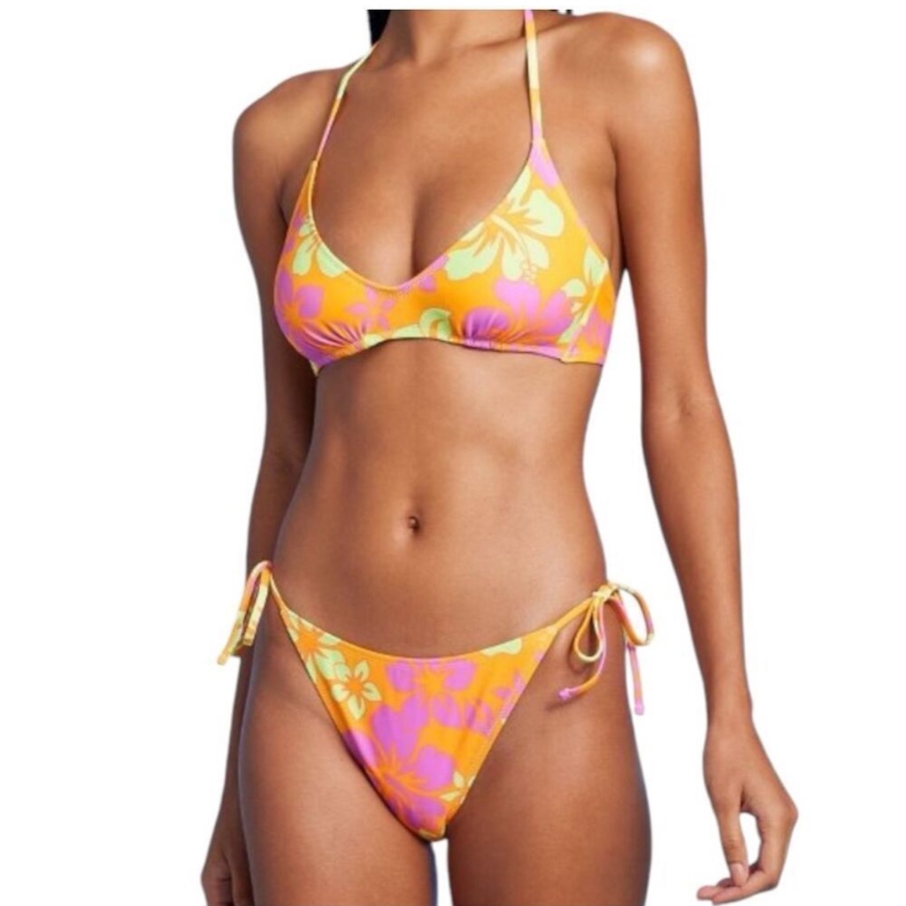 Wild Fable Floral Side Tie High Leg Orange Pink Bikini Size S